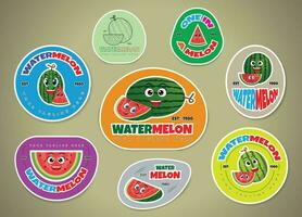 einstellen von Wassermelone Sommer- Früchte Etiketten und Aufkleber oder Abzeichen Vorlage zum Verpackung isoliert auf Gradient Hintergrund Vektor Illustration