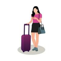 flicka med bagage väntar för transport, skiss vektor illustration.