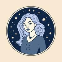 pisces kvinna zodiaken tecken, skön flicka ansikte, horoskop symbol vektor