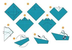 fartyg origami schema handledning rör på sig modell. origami för ungar. steg förbi steg på vilket sätt till göra en söt origami vatten transport. vektor illustration.