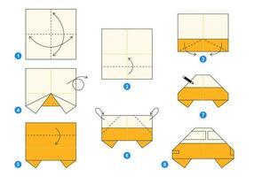 Taxi Origami planen Lernprogramm ziehen um Modell. Origami zum Kinder. Schritt durch Schritt Wie zu machen ein süß Origami Wagen. Vektor Illustration.