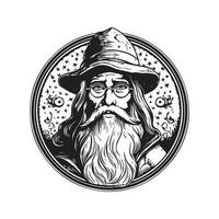 porträtt av en trollkarl, årgång logotyp linje konst begrepp svart och vit Färg, hand dragen illustration vektor