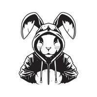 Hase tragen Kapuzenpullover, Jahrgang Logo Linie Kunst Konzept schwarz und Weiß Farbe, Hand gezeichnet Illustration vektor
