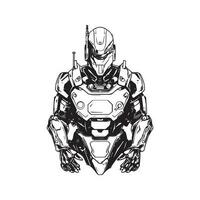 Zukunft Roboter Soldat, Jahrgang Logo Linie Kunst Konzept schwarz und Weiß Farbe, Hand gezeichnet Illustration vektor