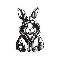 kanin bär luvtröja, årgång logotyp linje konst begrepp svart och vit Färg, hand dragen illustration vektor
