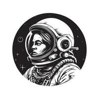 futuristisch Astronaut, Jahrgang Logo Linie Kunst Konzept schwarz und Weiß Farbe, Hand gezeichnet Illustration vektor