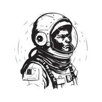 trogen astronaut, årgång logotyp linje konst begrepp svart och vit Färg, hand dragen illustration vektor