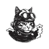 katt pilot, årgång logotyp linje konst begrepp svart och vit Färg, hand dragen illustration vektor