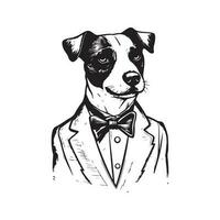 domkraft russell terrier bär kostym, årgång logotyp linje konst begrepp svart och vit Färg, hand dragen illustration vektor