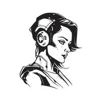Wissenschaft Fiktion Cyborg weiblich, Jahrgang Logo Linie Kunst Konzept schwarz und Weiß Farbe, Hand gezeichnet Illustration vektor