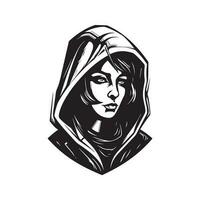 futuristisch Frau im mit Kapuze, Jahrgang Logo Linie Kunst Konzept schwarz und Weiß Farbe, Hand gezeichnet Illustration vektor