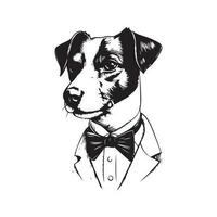 domkraft russell terrier bär kostym, årgång logotyp linje konst begrepp svart och vit Färg, hand dragen illustration vektor