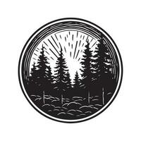 Wald, Jahrgang Logo Linie Kunst Konzept schwarz und Weiß Farbe, Hand gezeichnet Illustration vektor