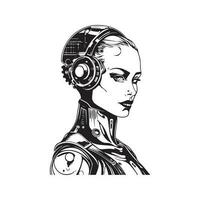 Wissenschaft Fiktion Cyborg weiblich, Jahrgang Logo Linie Kunst Konzept schwarz und Weiß Farbe, Hand gezeichnet Illustration vektor
