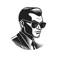 Mann im Cyber Gläser, Jahrgang Logo Linie Kunst Konzept schwarz und Weiß Farbe, Hand gezeichnet Illustration vektor