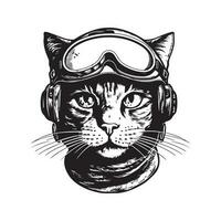 Katze Pilot, Jahrgang Logo Linie Kunst Konzept schwarz und Weiß Farbe, Hand gezeichnet Illustration vektor