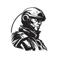 futuristisch Soldat, Jahrgang Logo Linie Kunst Konzept schwarz und Weiß Farbe, Hand gezeichnet Illustration vektor