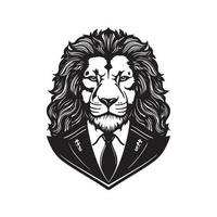 Löwe tragen Anzug, Jahrgang Logo Linie Kunst Konzept schwarz und Weiß Farbe, Hand gezeichnet Illustration vektor