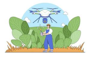 smart jordbruk och jordbruks teknologi begrepp med en person rörelse en Drönare för beskära övervakning vektor