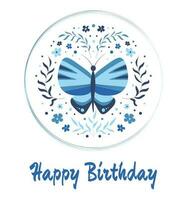 Lycklig födelsedag hälsning kort med en fjäril i en cirkel i blå Färg. vektor illustration. dekorativ skriva ut design