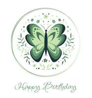 glücklich Geburtstag Gruß Karte mit ein Schmetterling im ein Kreis im Grün Farbe. Vektor Illustration. dekorativ drucken Design