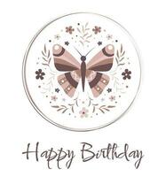 Lycklig födelsedag hälsning kort med en fjäril i en cirkel i grön Färg. vektor illustration. dekorativ skriva ut design