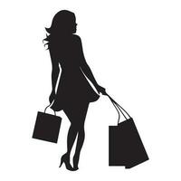 ein glücklich Einkaufen Mädchen mit ein Menge von Einkaufen Tasche Vektor Silhouette.