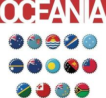 uppsättning av 14 kapsylen flaggor av oceanien. vektor illustration. Australien, fiji, kiribati, marshall är, mikronesien, nauru, ny Zeeland, palau, papua ny Guinea, samoa, solomon är, tonga, tuvalu, vanuatu.