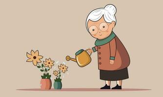 äldre kvinna karaktär häller vatten till växt från en vattning kan på persika bakgrund. vektor