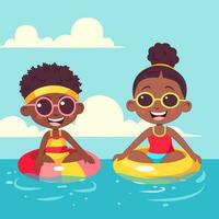 glücklich afrikanisch Junge und Mädchen Charakter Sitzung Schwimmen Ring im Wasser zum Schwimmbad Party auf Sommer- Urlaub. vektor