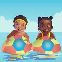 glücklich afrikanisch Junge und Mädchen Charakter spielen Fußball im Wasser zum Schwimmbad Party auf Sommer- Urlaub. vektor