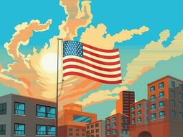 amerikanisch Flagge winken mit Wolkenkratzer Gebäude von das Stadt im hell Sonne Himmel Blau und Orange Hintergrund. USA National Festival Feier Poster Design. vektor