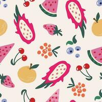 sömlös mönster med färgrik frukt och bär på rosa bakgrund. hand dragen saftig hallon, blåbär, körsbär, jordgubbe, vattenmelon, drake frukt upprepad textur vektor