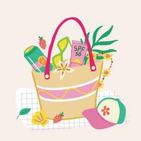 vektor illustration av sommar väska med badkläder och solskydd inuti. ritad för hand baseboll keps, snäckskal, jordgubb sammansättning. sommar utomhus- strand semester begrepp.