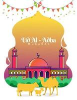 eid al adha Mubarak Design mit Moschee und Tier vektor