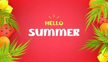 ein Vektor Illustration von ein hell rot Wassermelone mit ein saftig Scheibe, Orange und Zitrone einstellen gegen ein üppig tropisch Blätter Hintergrund. perfekt zum Sommer- Banner, Poster, Karten, und mehr.