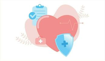 Gesundheit Versicherung eben Design mit Herz Schild Impuls Medkit und Zustimmung vektor