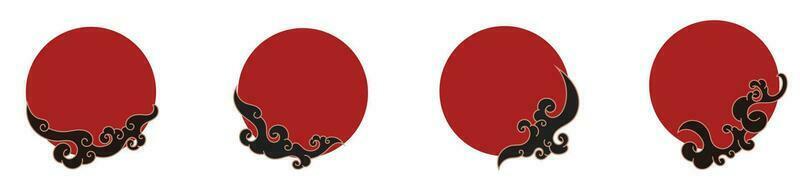 Zier rot Kreis Rahmen Rand mit schwarz Wolke und Gold schüren Gekritzel japanisch Stil vektor