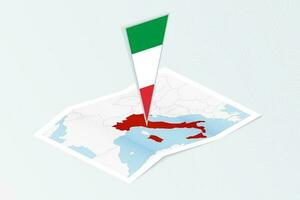 isometrisk papper Karta av Italien med triangel- flagga av Italien i isometrisk stil. Karta på topografisk bakgrund. vektor