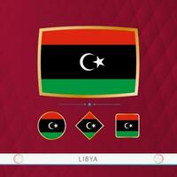 einstellen von Libyen Flaggen mit Gold Rahmen zum verwenden beim Sport Veranstaltungen auf ein Burgund abstrakt Hintergrund. vektor