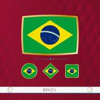 uppsättning av Brasilien flaggor med guld ram för använda sig av på sportslig evenemang på en vinröd abstrakt bakgrund. vektor