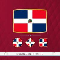 uppsättning av Dominikanska republik flaggor med guld ram för använda sig av på sportslig evenemang på en vinröd abstrakt bakgrund. vektor