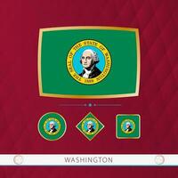 uppsättning av Washington flaggor med guld ram för använda sig av på sportslig evenemang på en vinröd abstrakt bakgrund. vektor