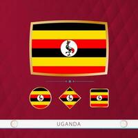 einstellen von Uganda Flaggen mit Gold Rahmen zum verwenden beim Sport Veranstaltungen auf ein Burgund abstrakt Hintergrund. vektor