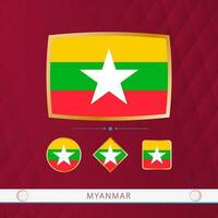 einstellen von Myanmar Flaggen mit Gold Rahmen zum verwenden beim Sport Veranstaltungen auf ein Burgund abstrakt Hintergrund. vektor