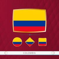uppsättning av colombia flaggor med guld ram för använda sig av på sportslig evenemang på en vinröd abstrakt bakgrund. vektor