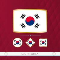 uppsättning av söder korea flaggor med guld ram för använda sig av på sportslig evenemang på en vinröd abstrakt bakgrund. vektor