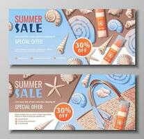 einstellen von Sommer- Banner mit Strand Zubehör. Rabatt Coupon, Besondere Sommer- Angebot. Hintergrund, Flyer mit Muscheln, Tasche, Sonnenschutz vektor