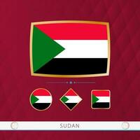 uppsättning av sudan flaggor med guld ram för använda sig av på sportslig evenemang på en vinröd abstrakt bakgrund. vektor