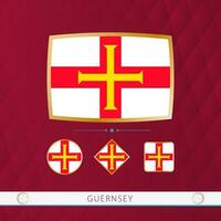 uppsättning av guernsey flaggor med guld ram för använda sig av på sportslig evenemang på en vinröd abstrakt bakgrund. vektor